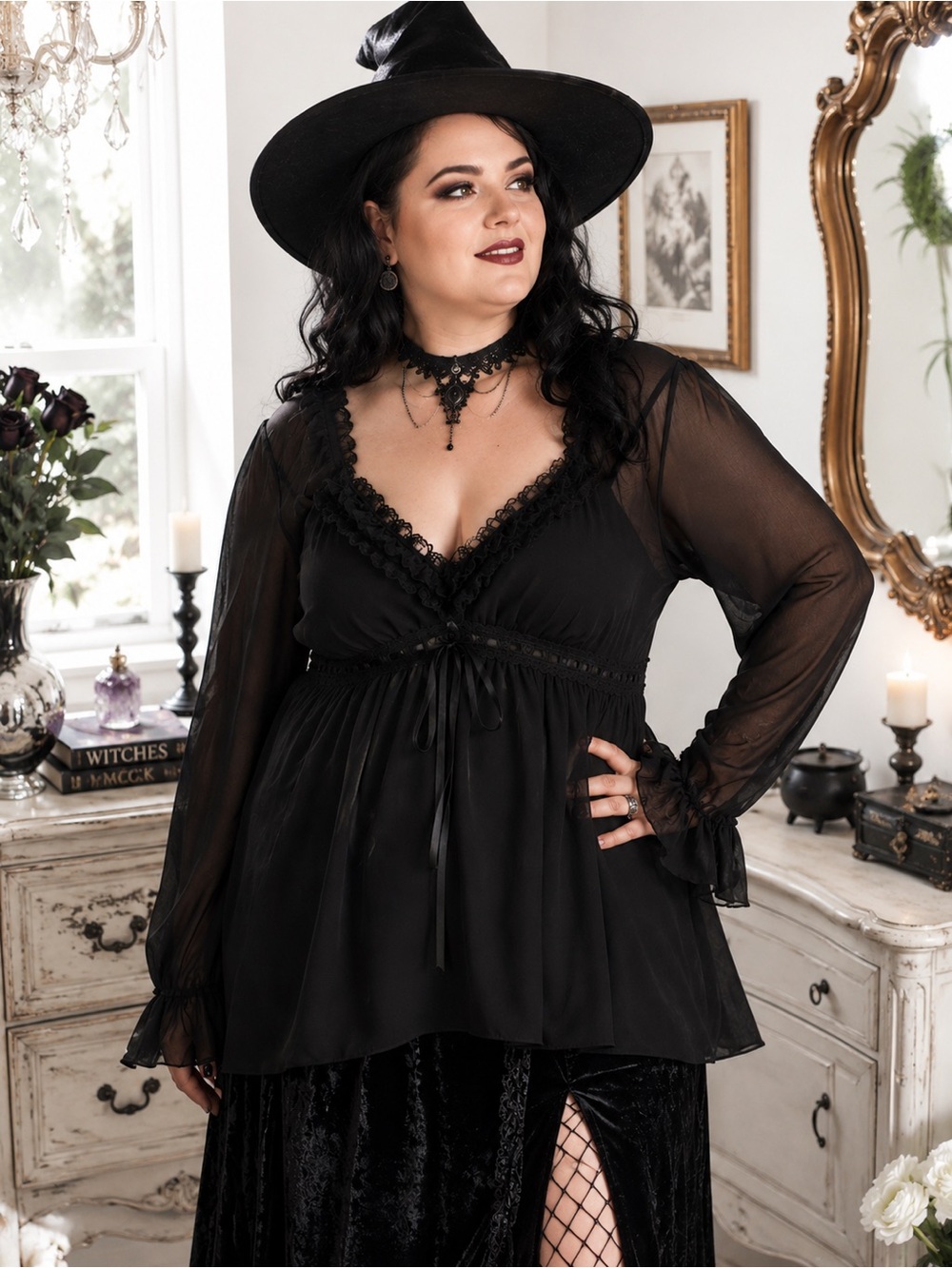 Black Gothic Lace Ruffle Blouse 4XL • Dark Romantic • Y2K • Sheer Sleeves